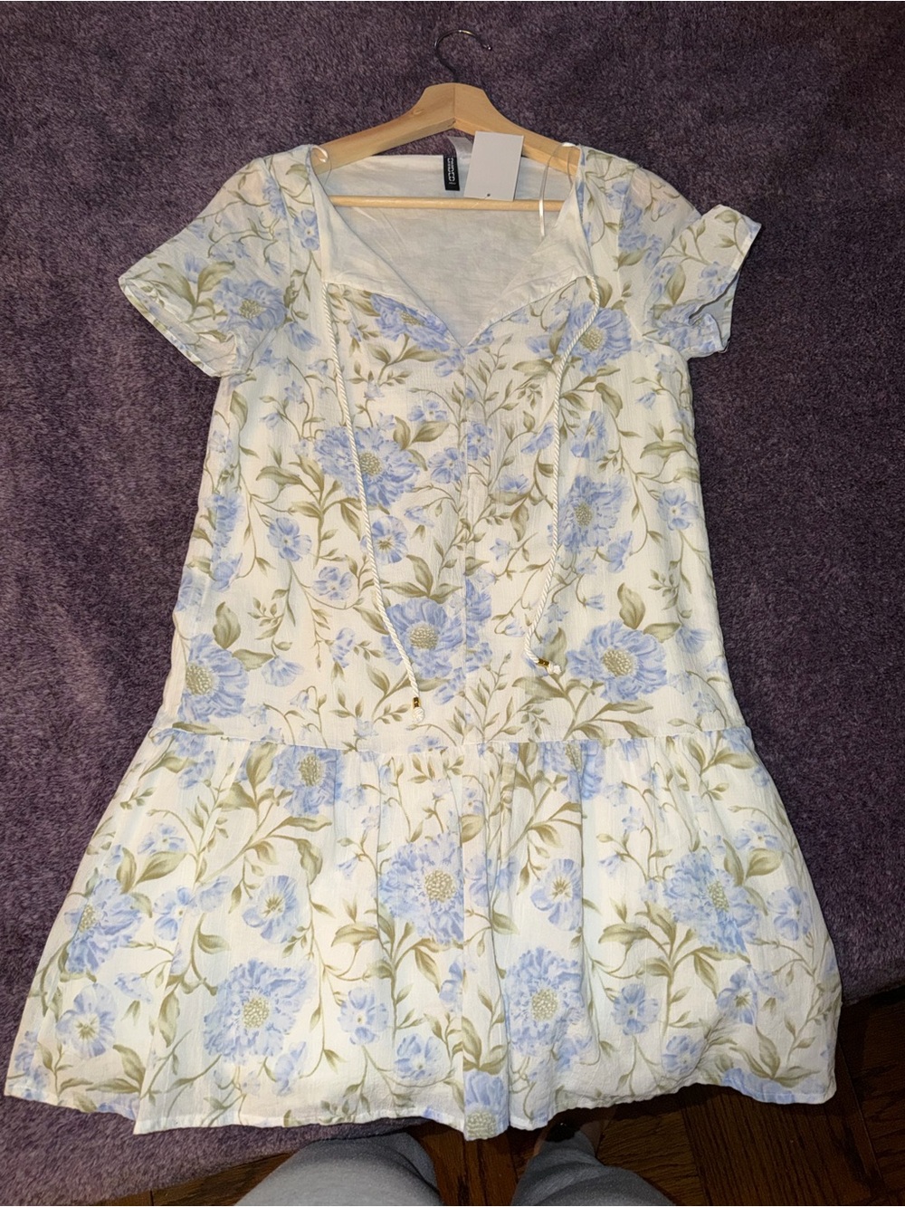 Divided Cream Dress with Light Blue Floral Print